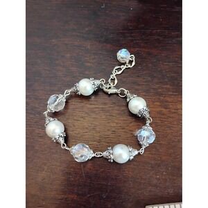 Vintage Style Faux Pearl and Crystal Filigree‎ Bridal Bracelet Silver Tone 8.5"